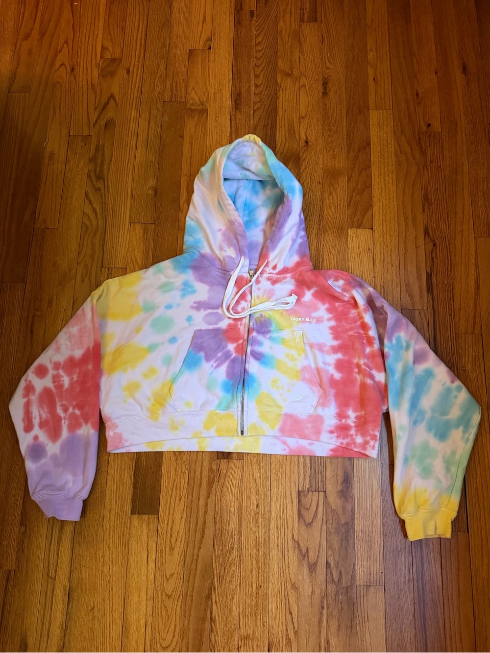 Ivory Ella Tie-Dye Cropped Hoodie in Pastel Rainbow